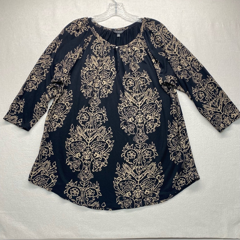 Lucky Brand Black and Beige Boho Blouse Top 3/4 Sleeve Keyhole Neck 1X Flowy